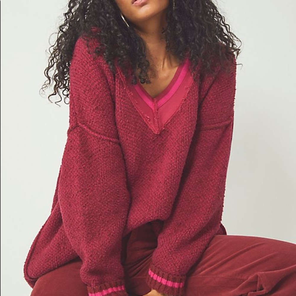 NWT FREE PEOPLE Sz XS STEFFIE V NECK VARSITY STRIPE OVERSIZED PULLOVER SWEATER